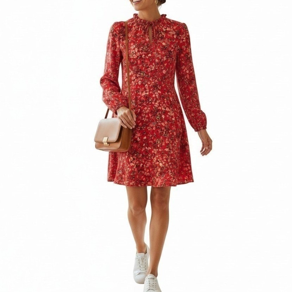 Floral Ruffle Neck Dress Spandex Casual 10 LOFT Women Red